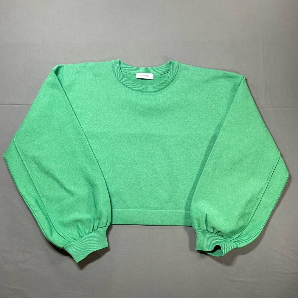 Pageboy Boxy Cropped Sweater with Puff Sleeves, Spring Green - Womens Medium (?)